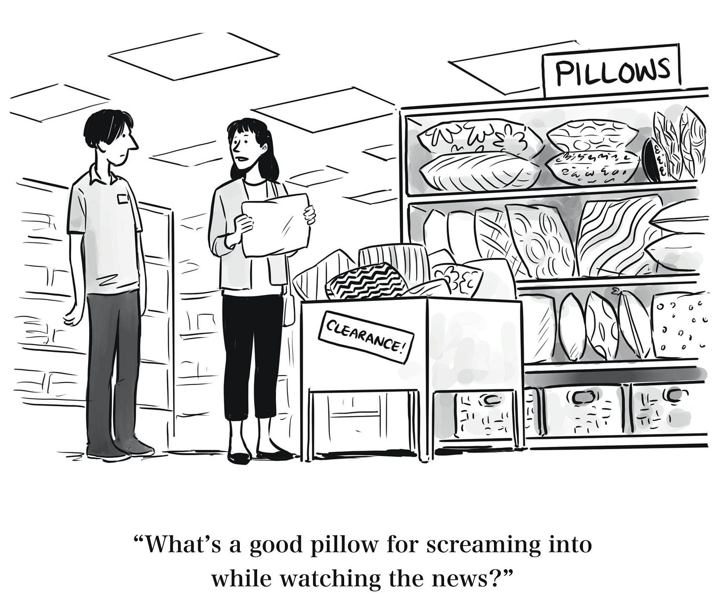 May be an image of ‎1 person and ‎text that says '‎PILLOWS الر 02 CLEARANCE! CLEARANCE "What's a good pillow for screaming into while watching the news?"‎'‎‎