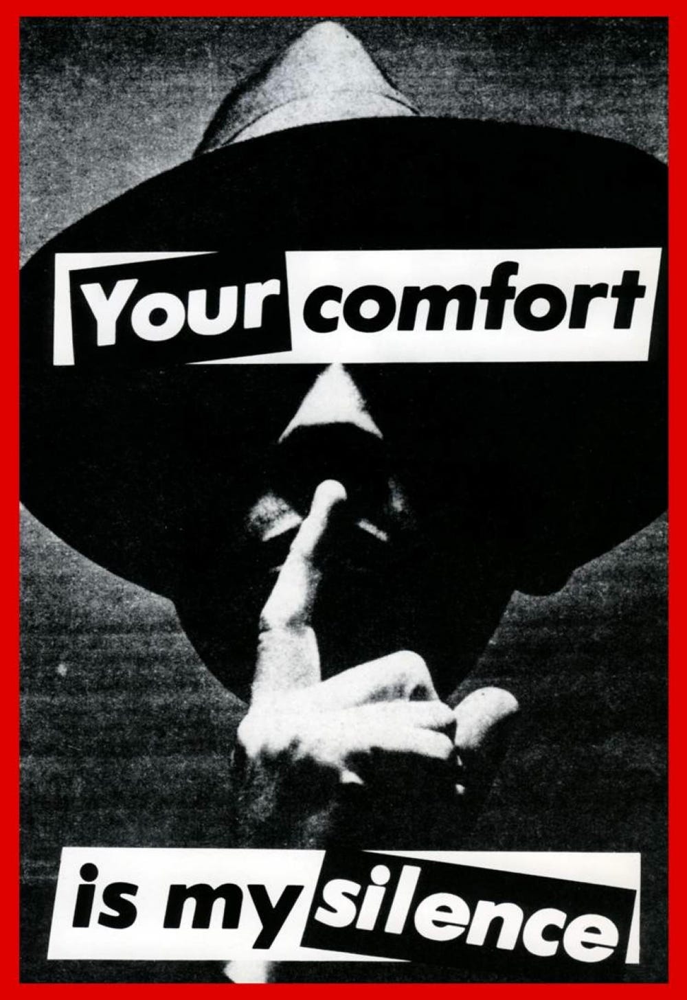 Text reading "Your comfort is my silence" is superimposed over an image of a man in a hat making a "shush" gesture.