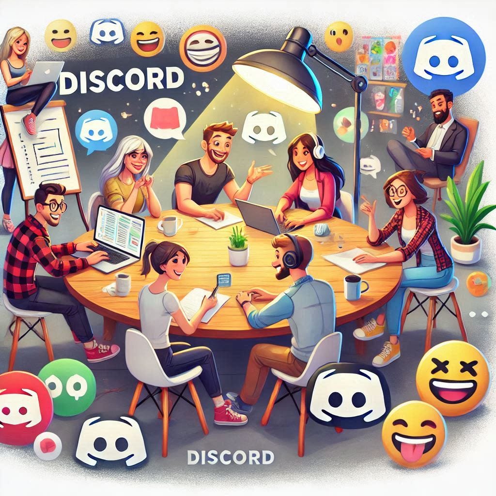 A cozy, illustrated scene of a roundtable with various creative avatars representing top Discord creators. Each avatar could be depicted in action—one typing furiously, another sketching plans on a whiteboard, and another hosting a live event on their laptop. Discord logos and emojis like 🚀, 💡, and 🎙️ float around, adding a dynamic vibe.