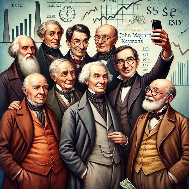 picture of Adam Smith, John Maynard Keynes, Milton Friedman, and other famous economists posing for a selfie