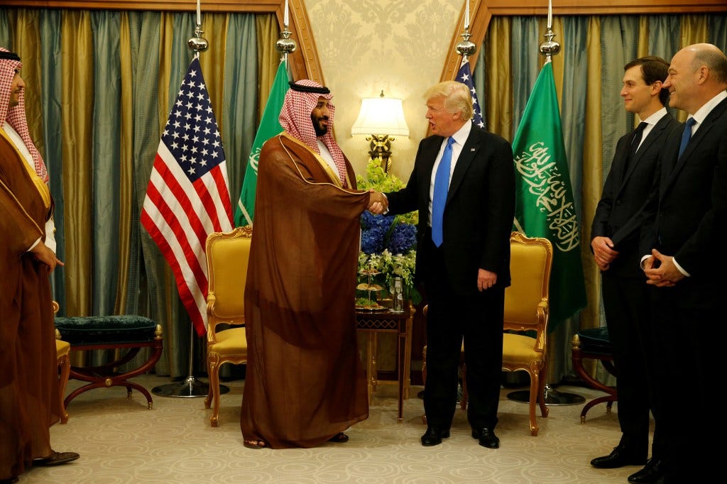 President Donald Trump meets with Saudi Arabia's Deputy Crown Prince and Minister of Defense Mohammed bin Salman (center L) at the Ritz Carlton Hotel in Riyadh, Saudi Arabia May 20, 2017. 