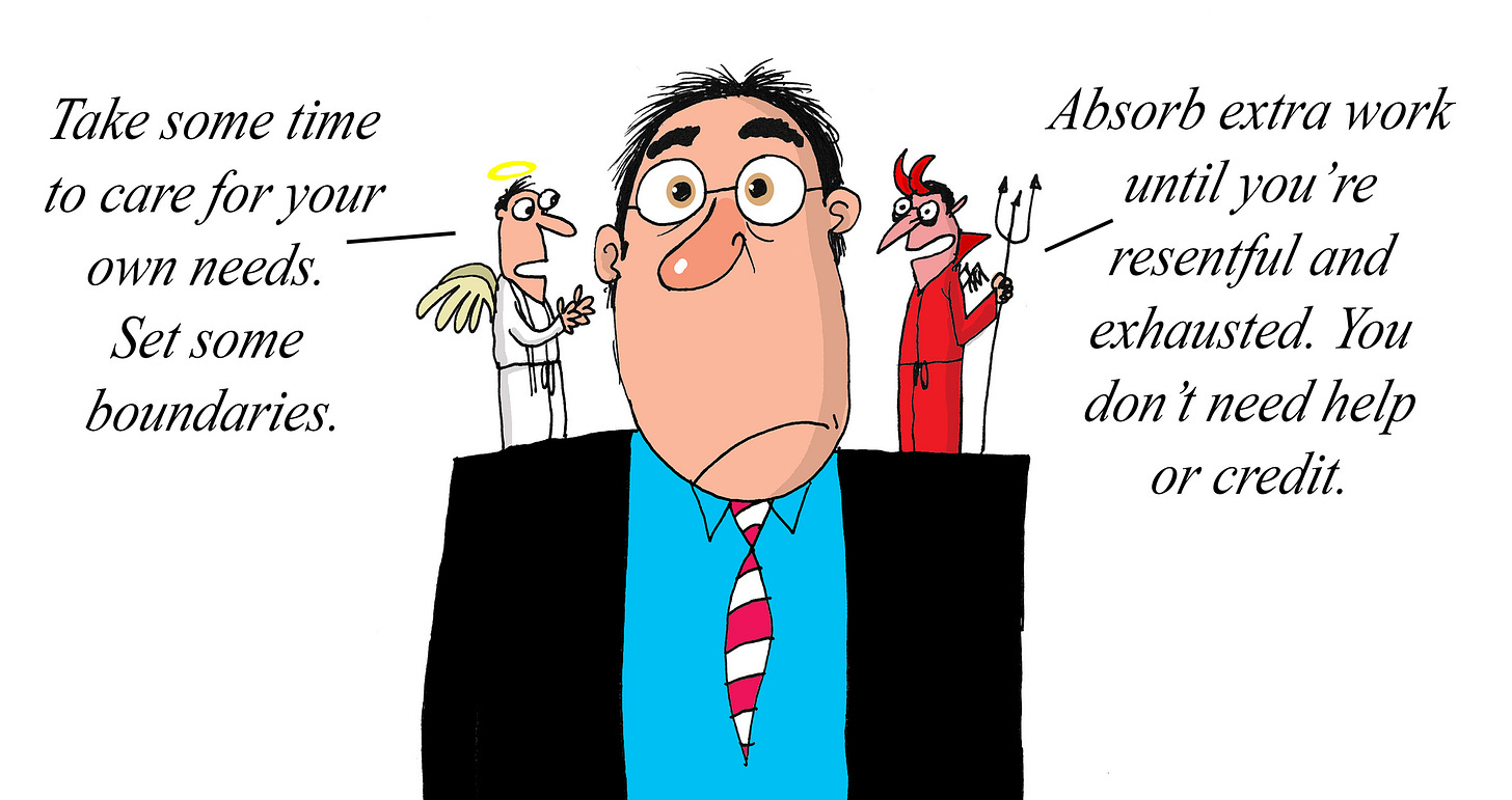 Illustration of an ISFJ (Defender) man with an angel on one shoulder and a devil on the other, with text showing conflicting advice: the angel suggests setting boundaries and self-care, while the devil urges taking on extra work until burned out.