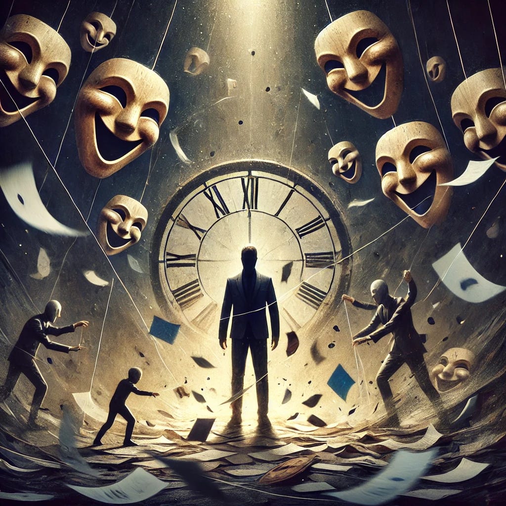 A symbolic representation of narcissistic chaos and manipulation. The image shows a person standing in the middle of a swirling storm of papers, accusations, and broken pieces of a clock, symbolizing confusion and lost time. Surrounding the person are shadowy figures with deceptive smiling masks, pulling strings like puppeteers. The setting is dark and chaotic, with faint light shining down on the central figure who looks overwhelmed but determined to stand their ground. In the background, a subtle silhouette of a parent and child reaching out to each other symbolizes hope and the fight for connection amidst the chaos.