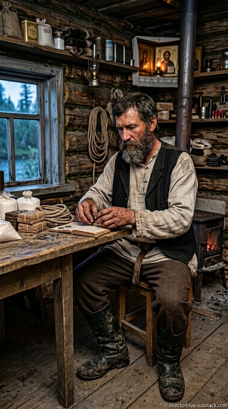 IMAGE PROMPT FOR HISTORIC REENACTMENT EDUCATIONAL SERIES (TUNGUSKA EVENT) (1908) A weathered Russian man in his mid-40s broad-shouldered with a thick dark brown beard streaked with early gray deep-set hazel eyes with crows feet sun-darkened _image_1