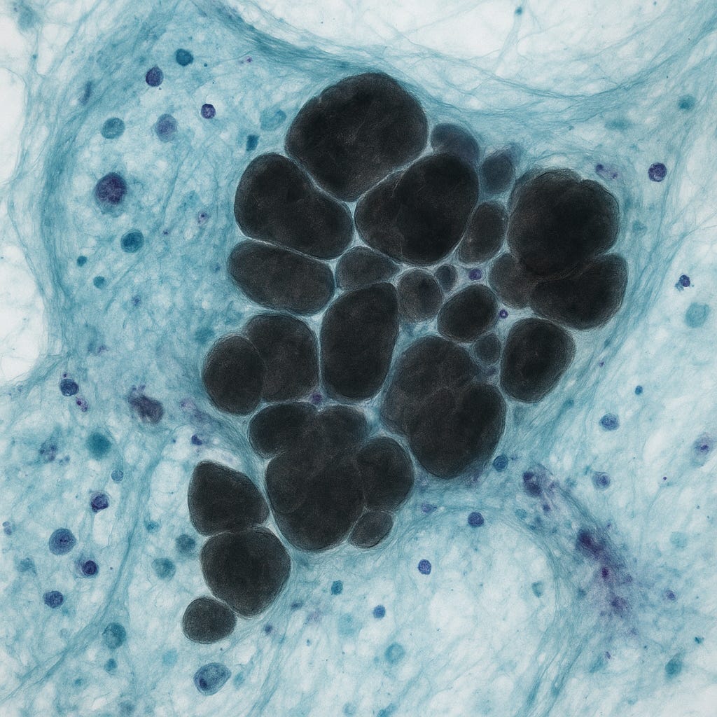 Upscaled microscopic image of clustered dark cells. Upscaled microscopic image of clustered dark cells.