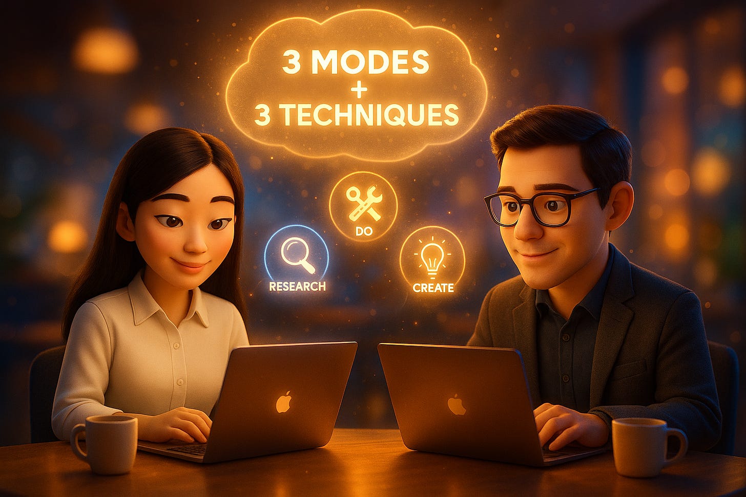3D illustration showing Jenny Ouyang and Joel collaborating at desks with floating Research, Do, and Create mode icons between them, depicting the 3-Mode + 3-Prompt System from "From AI Tool Paralysis to Daily AI Workflow" by Jenny Ouyang, buildtolaunch.ai - helping builders end tool paralysis and achieve AI fluency 3D illustration showing Jenny Ouyang and Joel collaborating at desks with floating Research, Do, and Create mode icons between them, depicting the 3-Mode + 3-Prompt System from "From AI Tool Paralysis to Daily AI Workflow" by Jenny Ouyang, buildtolaunch.ai - helping builders end tool paralysis and achieve AI fluency