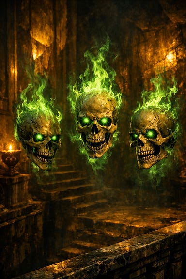 three flameskulls hovering in the Amber Temple, green fire flickering, ancient amber walls glowing, eerie gothic atmosphere
