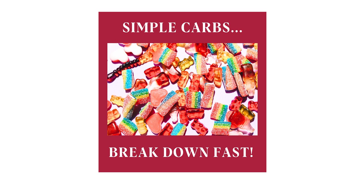 Colorful candies such as gummy bears, rainbow strips, and heart‑shaped gummies on a purple background with text that reads ‘Simple Carbs… Break Down Fast.