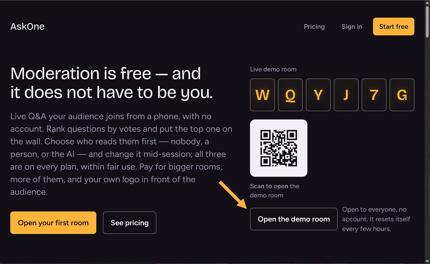 AskOne landing page with a link to a demo room AskOne landing page with a link to a demo room