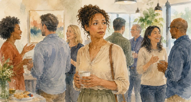 Thoughtful, highly sensitive woman at a social gathering wondering about others’ reactions and caring what other people think.