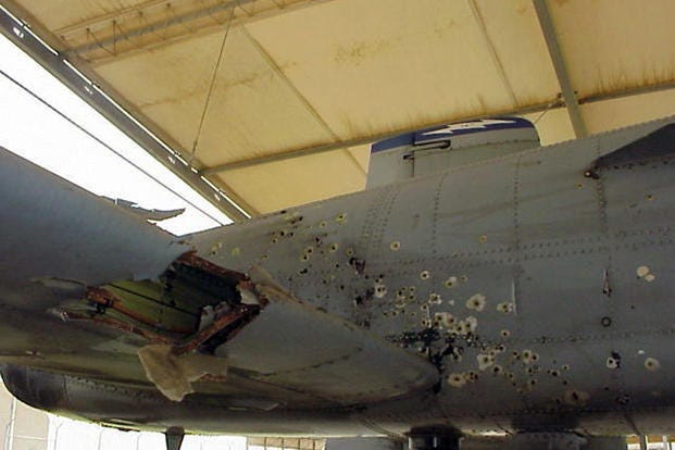 The A-10 Thunderbolt II piloted by Captain Kim Campbell suffered extensive damage during Operation Iraqi Freedom in 2003. Campbell flew it safely back to base on manual reversion mode after taking damage to the hydraulic system. (U.S. Air Force photo) The A-10 Thunderbolt II piloted by Captain Kim Campbell suffered extensive damage during Operation Iraqi Freedom in 2003. Campbell flew it safely back to base on manual reversion mode after taking damage to the hydraulic system. (U.S. Air Force photo)