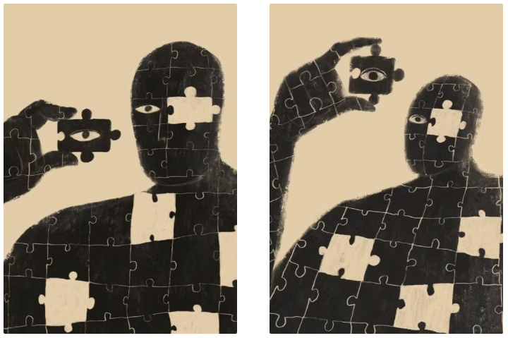 A black hairless figure made of puzzle pieces holds up the puzzle piece that should be their eye and looks at it. A black hairless figure made of puzzle pieces holds up the puzzle piece that should be their eye and looks at it.