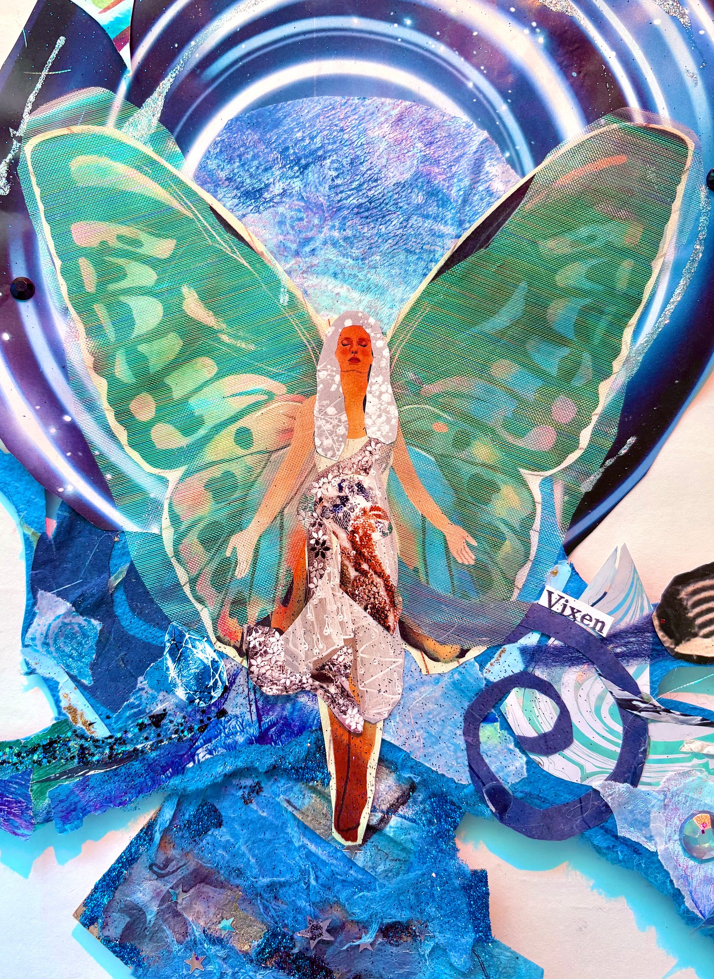 A collaged image of a woman with butterfly wings on a swirling blue background A collaged image of a woman with butterfly wings on a swirling blue background