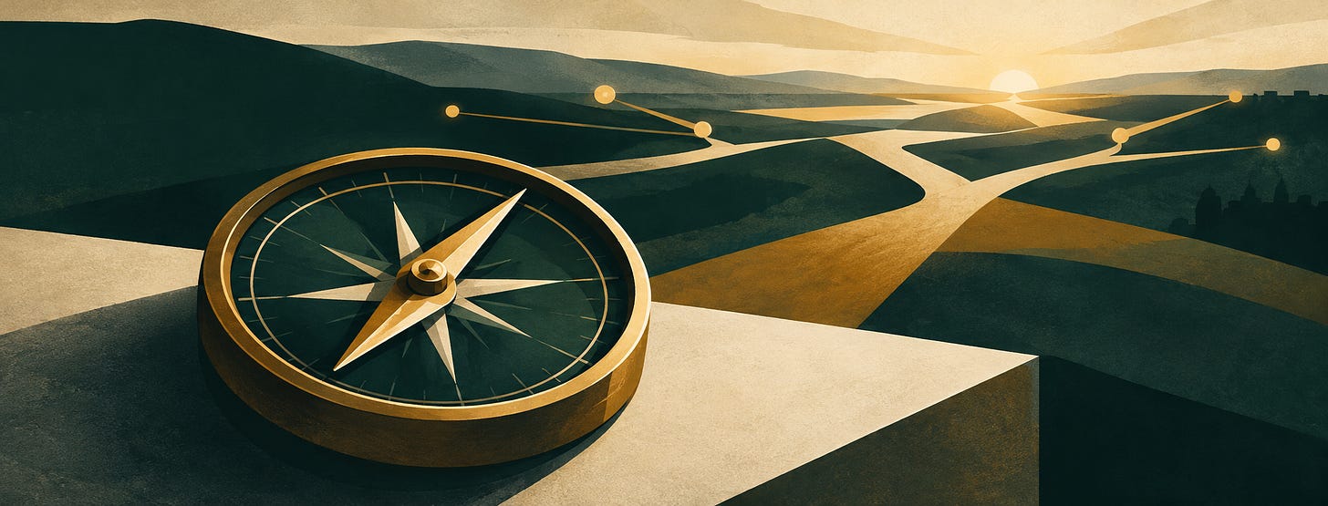 A large brass compass with a gold needle dominates the foreground, pointing towards a bright horizon. Beyond it, a network of branching golden paths crosses a dark green landscape towards the rising sun, symbolising a pivotal moment, important choices, and the need for moral direction. The muted green, ochre and warm cream palette creates a thoughtful, hopeful mood. A large brass compass with a gold needle dominates the foreground, pointing towards a bright horizon. Beyond it, a network of branching golden paths crosses a dark green landscape towards the rising sun, symbolising a pivotal moment, important choices, and the need for moral direction. The muted green, ochre and warm cream palette creates a thoughtful, hopeful mood.