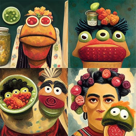 An image generated by the AI Midjourney with the prompt “/imagine the muppets eating pickles by frida kahlo”