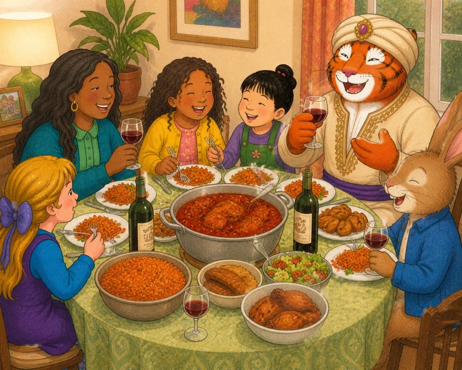 A lively dinner party gathering