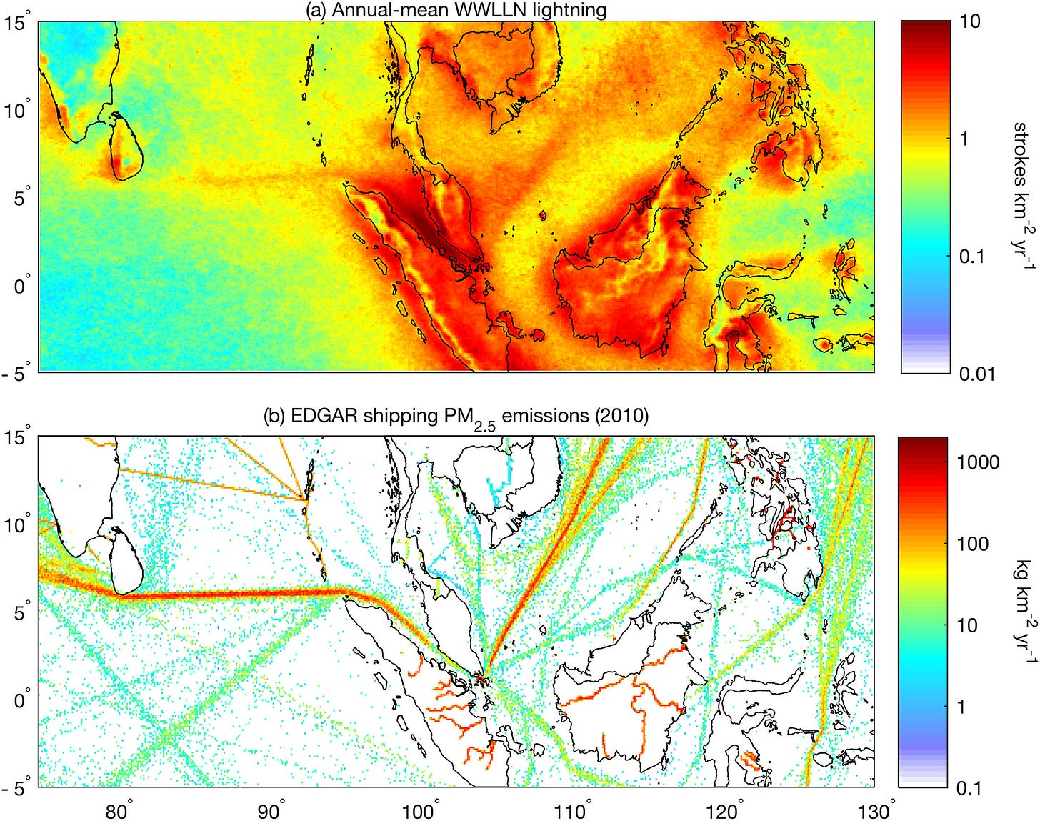 Two maps showing annual-mean lightning density (top) and 2010 shipping PM2.5 emissions (bottom) over Southeast Asia, with color scales indicating intensity levels.