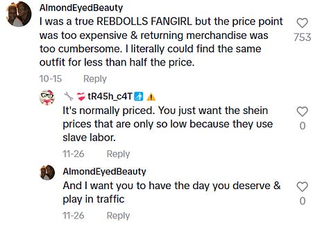 screenshots depicting what consumers think about rebdolls and how it is too expensive or just right for the value
