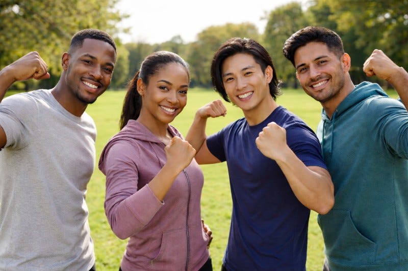 Black man, Black woman, Asian man and Hispanic man make a muscle like the "You can do it" feminist image.