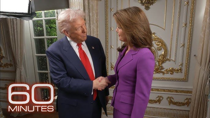 Donald Trump in a navy blue suit and red tie shakes hands with Norah ODonnell in a purple suit jacket inside an ornate room with white walls, gold decorations, large windows showing greenery outside, and a 60 Minutes logo overlay in the corner.