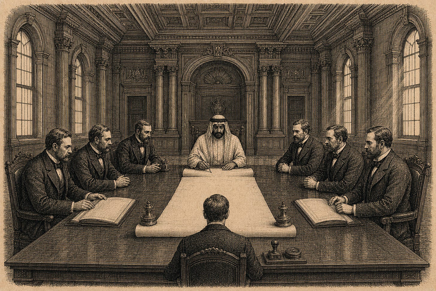 Wood-engraving editorial illustration in the Thomas Nast Harper's Weekly style for Attention Capital's essay The Largest Attention Allocator In The World. The image depicts a long signing chamber with a heavy wooden conference table at the center, its surface covered with a long unrolled blank parchment held down by brass weights. Seven figures sit around the table: a senior robed signing figure at the head with a quill suspended above the document, three formally dressed Western bankers flanking him, and a single rating-agency officer at the far end with a stamping device. The visual argument: the first sovereign-anchored attention credit vehicle is structurable today, with the rating-agency officer at one end, the structuring bankers in between, and the sovereign LP at the head of the table. Keywords: sovereign-anchored ABS, attention credit vehicle, rating agency template, senior secured paper, private credit, sovereign LP. Wood-engraving editorial illustration in the Thomas Nast Harper's Weekly style for Attention Capital's essay The Largest Attention Allocator In The World. The image depicts a long signing chamber with a heavy wooden conference table at the center, its surface covered with a long unrolled blank parchment held down by brass weights. Seven figures sit around the table: a senior robed signing figure at the head with a quill suspended above the document, three formally dressed Western bankers flanking him, and a single rating-agency officer at the far end with a stamping device. The visual argument: the first sovereign-anchored attention credit vehicle is structurable today, with the rating-agency officer at one end, the structuring bankers in between, and the sovereign LP at the head of the table. Keywords: sovereign-anchored ABS, attention credit vehicle, rating agency template, senior secured paper, private credit, sovereign LP.