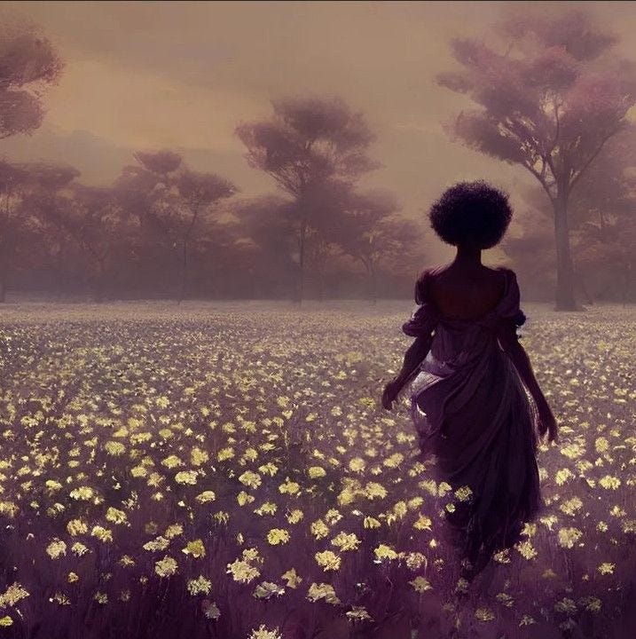 This may contain: a woman walking through a field of flowers