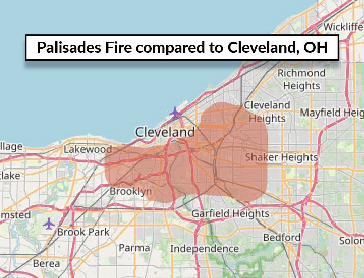Palisades Fire compared to Atlanta, Cleveland, Pittsburgh and Seattle