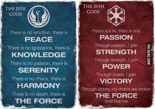 Are the Jedi code and the Sith code contradictory? - Quora