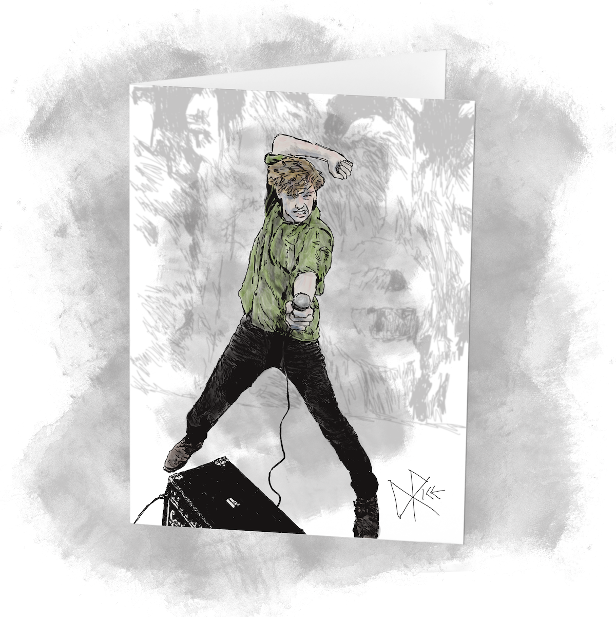 Rockin’ Art Performance! A man stands with legs spread wide and holding a microphone in one hand. Sketch art by Don Rice. Rockin’ Art Performance! A man stands with legs spread wide and holding a microphone in one hand. Sketch art by Don Rice.