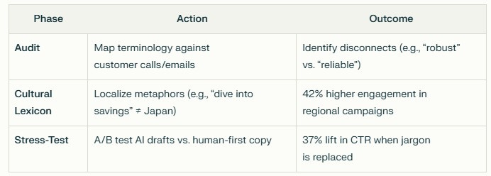 A three-column table showing a framework for authentic messaging. The columns are labeled "Phase," "Action," and "Outcome." The table contains three rows detailing steps for improving marketing copy: Audit (mapping terminology against customer communications), Cultural Lexicon (localizing metaphors), and Stress-Test (A/B testing AI vs. human copy), along with their respective outcomes including engagement and CTR improvements. A three-column table showing a framework for authentic messaging. The columns are labeled "Phase," "Action," and "Outcome." The table contains three rows detailing steps for improving marketing copy: Audit (mapping terminology against customer communications), Cultural Lexicon (localizing metaphors), and Stress-Test (A/B testing AI vs. human copy), along with their respective outcomes including engagement and CTR improvements.