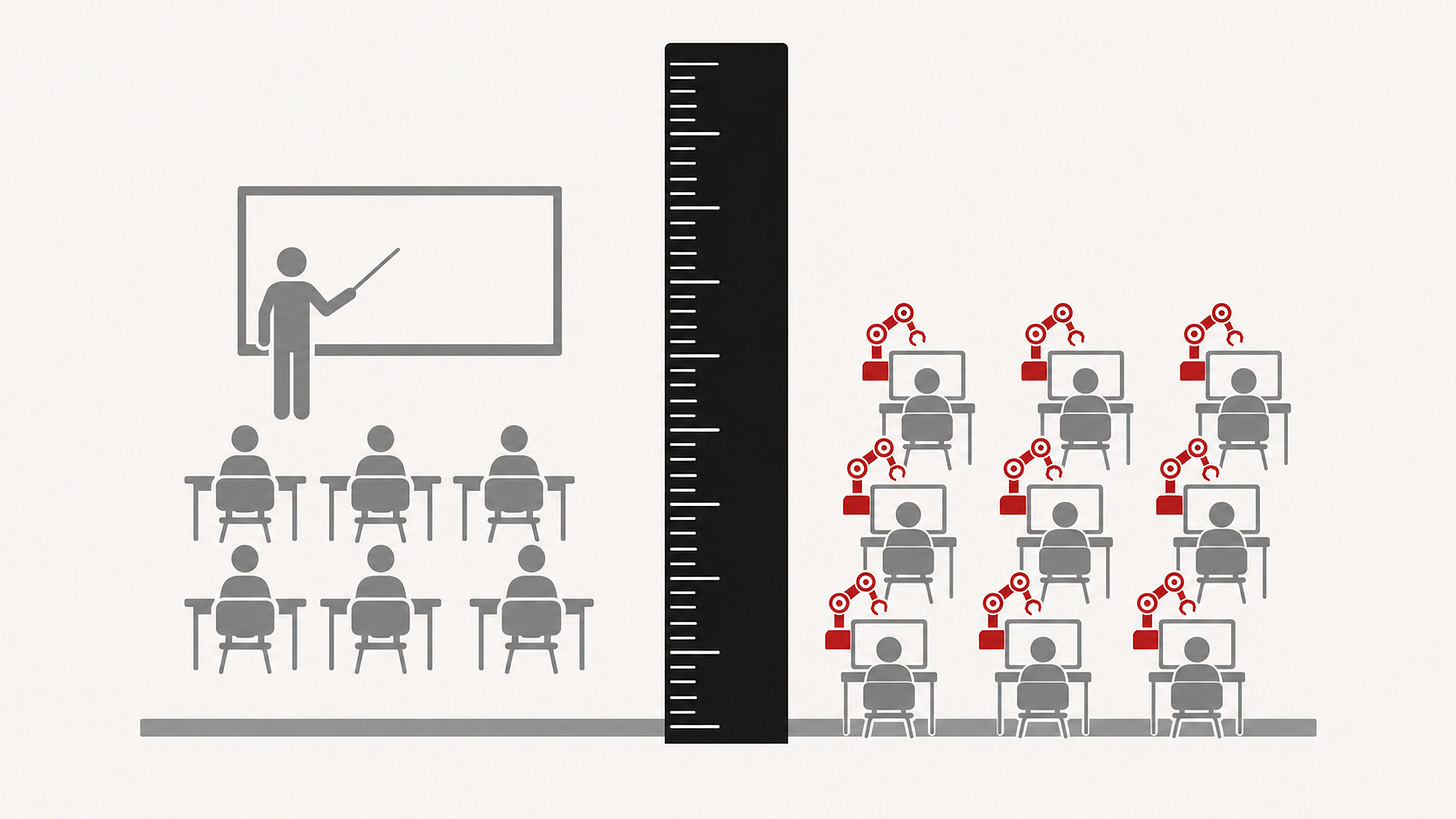 Illustration: a huge vertical graduated ruler in the centre; on the left, a traditional classroom in grey with a teacher at the board; on the right, a futuristic classroom where small red robotic tutors replace the teacher. Two entirely different schools, measured against the same ruler. Illustration: a huge vertical graduated ruler in the centre; on the left, a traditional classroom in grey with a teacher at the board; on the right, a futuristic classroom where small red robotic tutors replace the teacher. Two entirely different schools, measured against the same ruler.