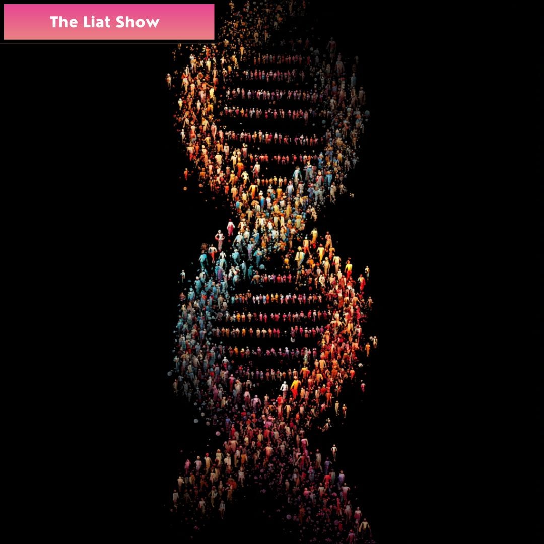 Liat Portal for The Liat Show: Layered Timelines / Tight crop showing stacked rows of miniature people forming a double helix with visible color bands and a pink The Liat Show label in the corner.