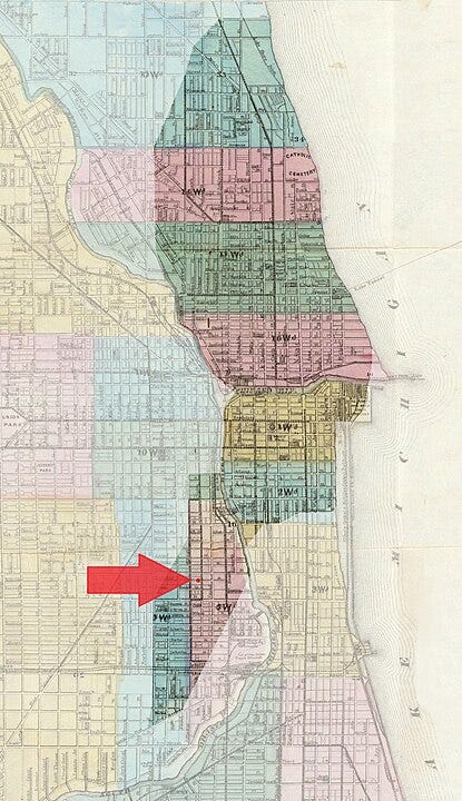 A map of Chicago, showing how the fire spread north east and then along the shore A map of Chicago, showing how the fire spread north east and then along the shore