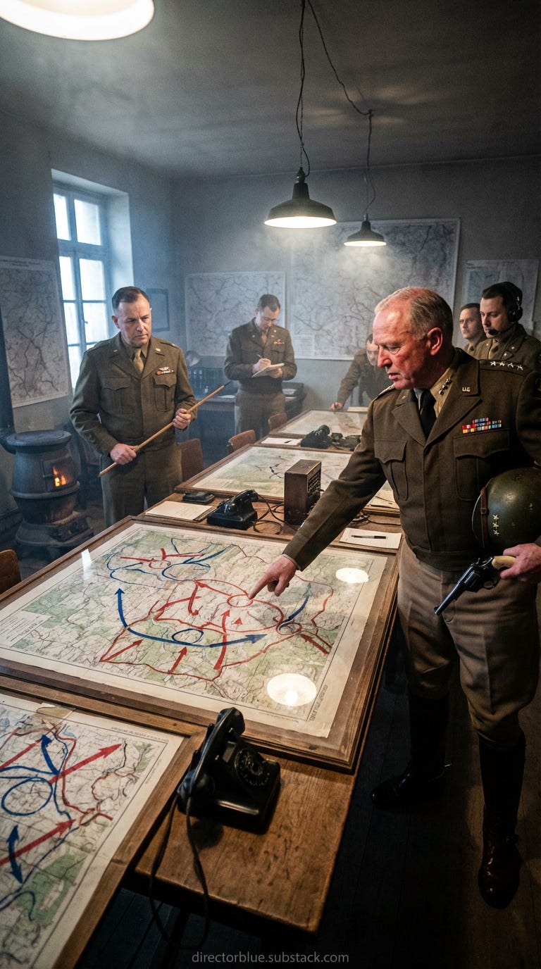 IMAGE PROMPT FOR UNIVERSITY HISTORY CLASS REENACTMENT H201 Photorealistic 916 vertical 24mm wide-angle lens at f4 mixed tungsten and cold window light dense atmosphere Third Army war room interior Nancy December 19 1944 A long table covered _image_1