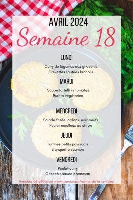 Recettes de cuisine pour vos menus du lundi 29 avril au dimanche 05 mai 2024