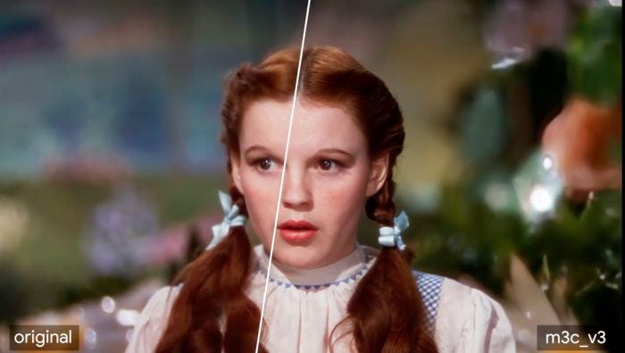 A still of Dorothy in &ldquo;The Wizard of Oz&rdquo; comparing the original and AI-enhanced versions of the film.