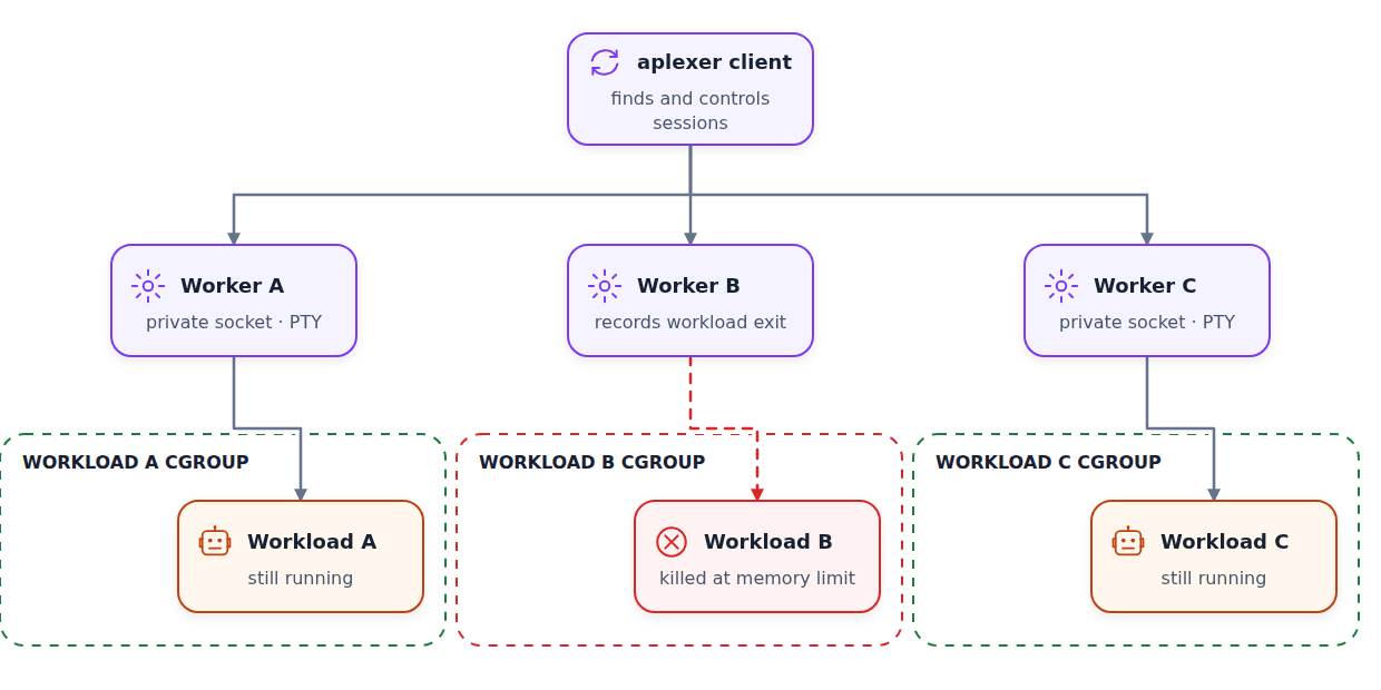 The aplexer client routes to three independent session boundaries, each containing a worker and workload, with session B shown in red to illustrate an independent failure