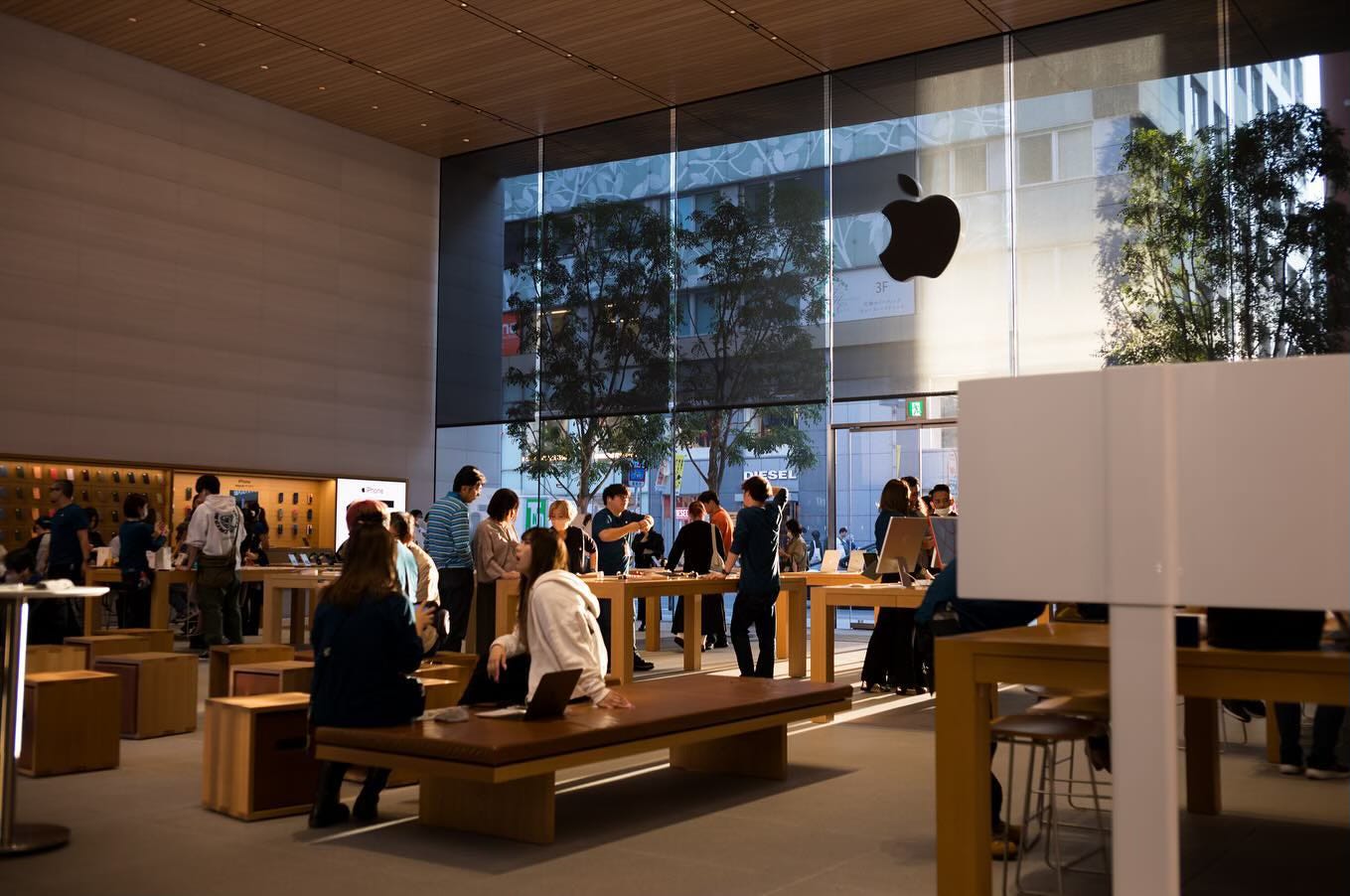 The interior of Apple Fukuoka. Sunlight streams in near the top of the front windows.