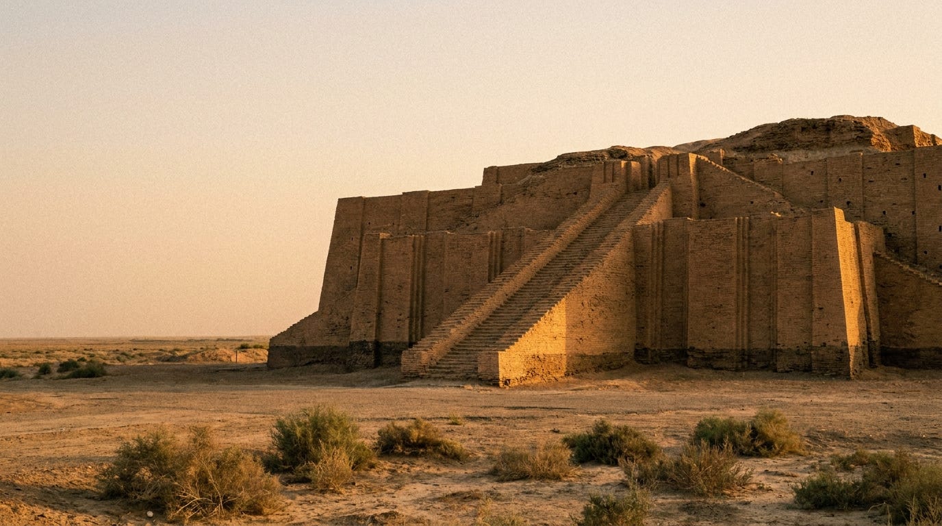 A stepped mud-brick temple tower rising from a flat plain at sunset, a long stairway climbing its face toward an empty sky, no people, no text A stepped mud-brick temple tower rising from a flat plain at sunset, a long stairway climbing its face toward an empty sky, no people, no text