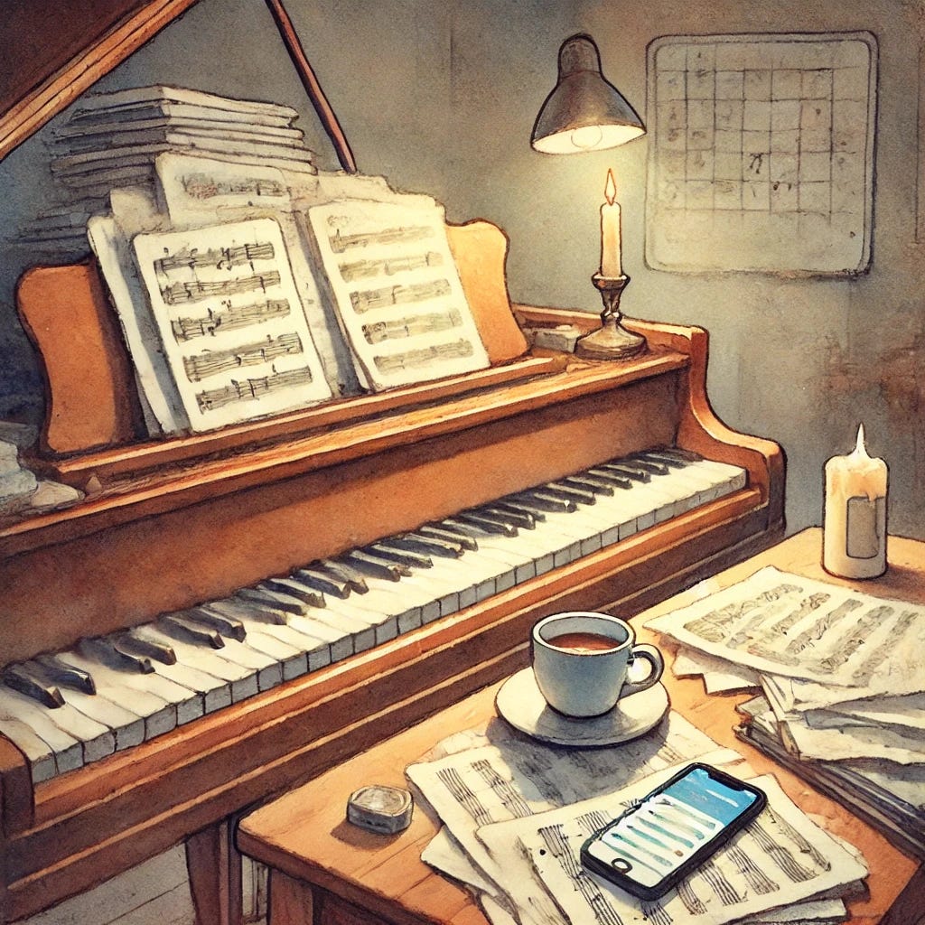 A cozy, slightly cluttered practice room with a grand piano at its center, depicted in soft watercolor style. The piano's surface holds a half-empty coffee cup sitting precariously atop a stack of dog-eared sheet music. A smartphone nearby displays multiple unread messages. The room is dimly lit, with a faint glow from an unseen light source, and there's a vanilla-scented candle, burnt down, resting on a nearby table. The atmosphere feels quiet but tense, with an air of creative struggle. Subtle details like faint smudges on the dry-erase board in the background and a hint of worn, wooden flooring complete the scene.