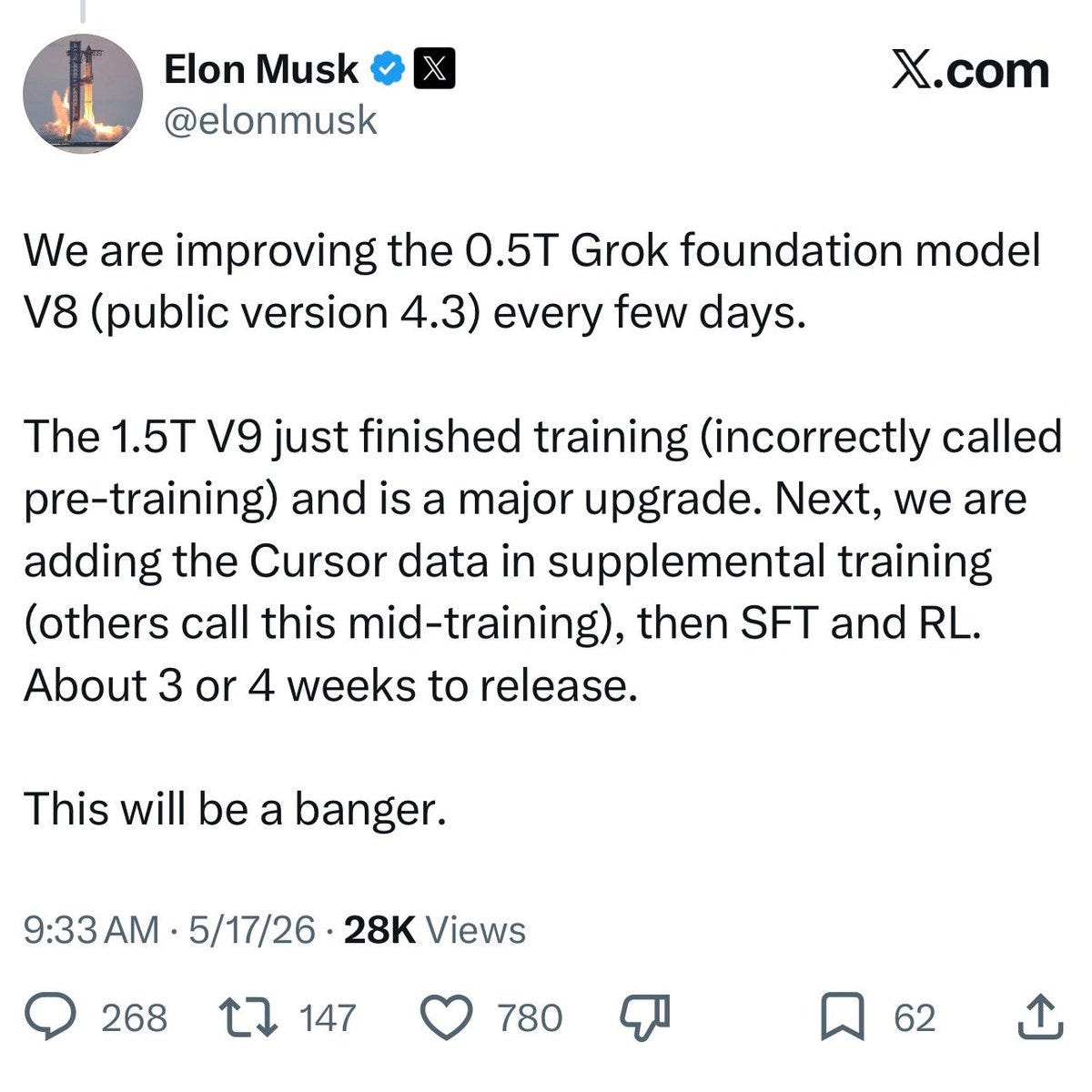 Grok V9: xAIs 1,5-Billionen-Modell hat das Training beendet, Cursor-Daten folgen Grok V9: xAIs 1,5-Billionen-Modell hat das Training beendet, Cursor-Daten folgen