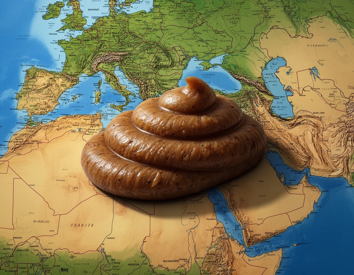 Map of the Middle East with a gigantic turd (poop) draped across it 