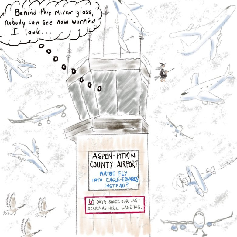 A cartoon drawing of the air traffic control tower at the Aspen airport, with a large number of planes , a witch and three geese swirling around it. The controller's thought bubble says "Behind the mirrored glass, no one can see how worried I am."