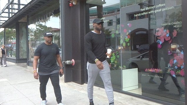 LeBron James heads to Starbucks in VERY tight grey trackies | Daily Mail  Online