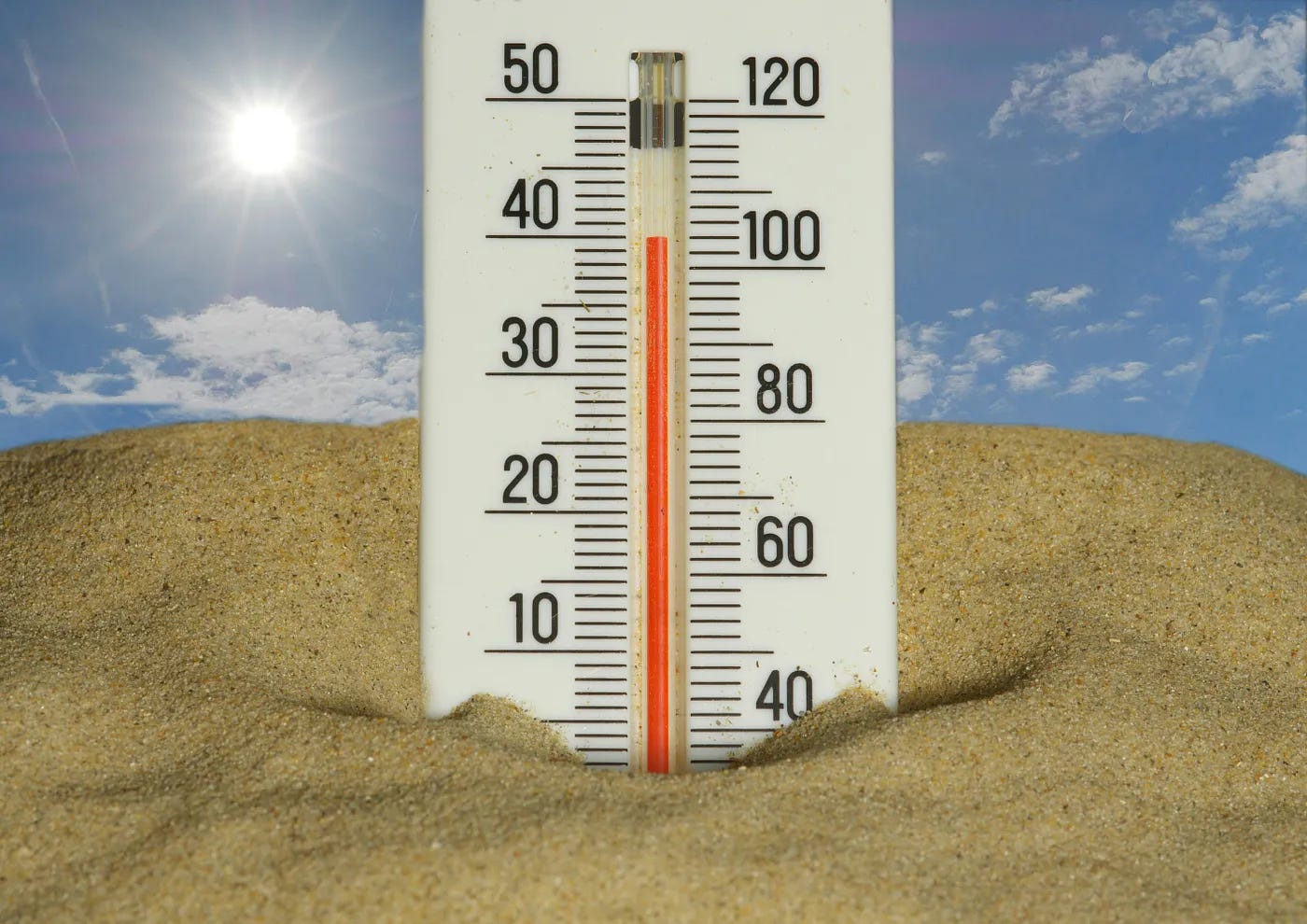 An outdoor thermometer showing a temperature of 105°F (40.6°C) An outdoor thermometer showing a temperature of 105°F (40.6°C)