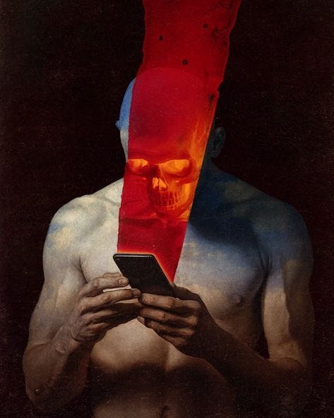 This may contain: a man holding a cell phone in front of his face with a skull on it's head