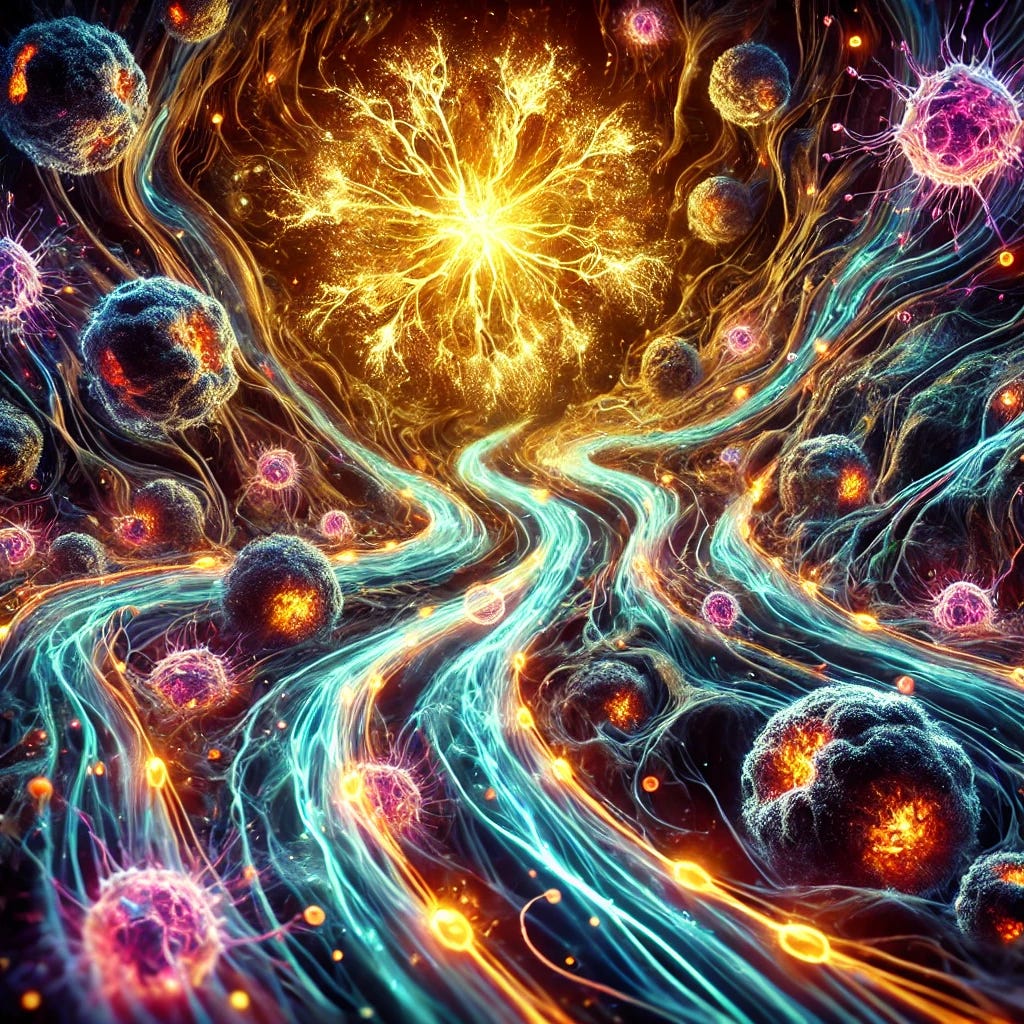 A captivating representation of oxidative stress and electron flow in relation to disease. Depict vibrant electron pathways flowing through cells with contrasting areas of oxidative stress represented by darkened, damaged cells. Highlight the contrast between healthy, bright, vibrant cells with smooth electron flow and diseased, oxidized cells with disrupted, chaotic electron flow. The overall aesthetic should be scientific and visually appealing, emphasizing the electrical nature of health and disease.