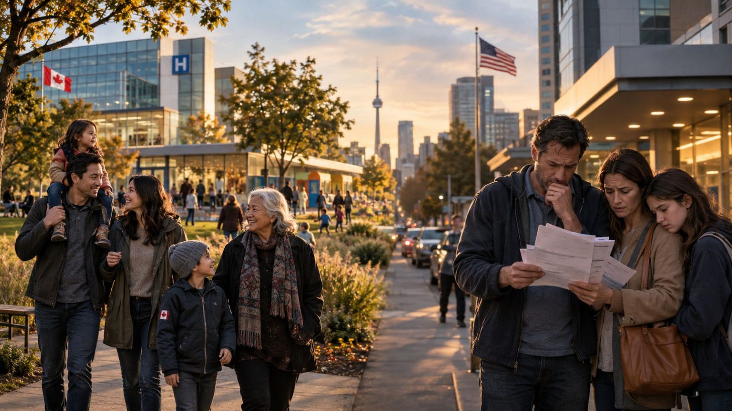 Canada vs USA social contract comparison showing a Canadian family near public healthcare and childcare while an American family examines medical bills.