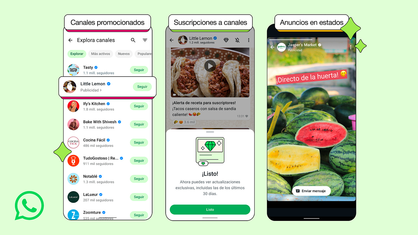 Los tipos de publicidad y servicios en la pestaña Novedades (Updates) de WhatsApp