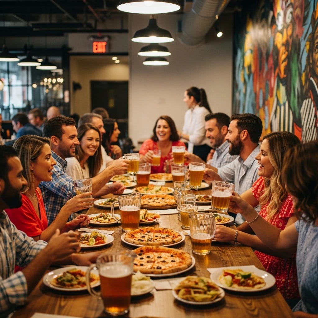 Birthday party adults eating pizza and drinking pitchers of beer